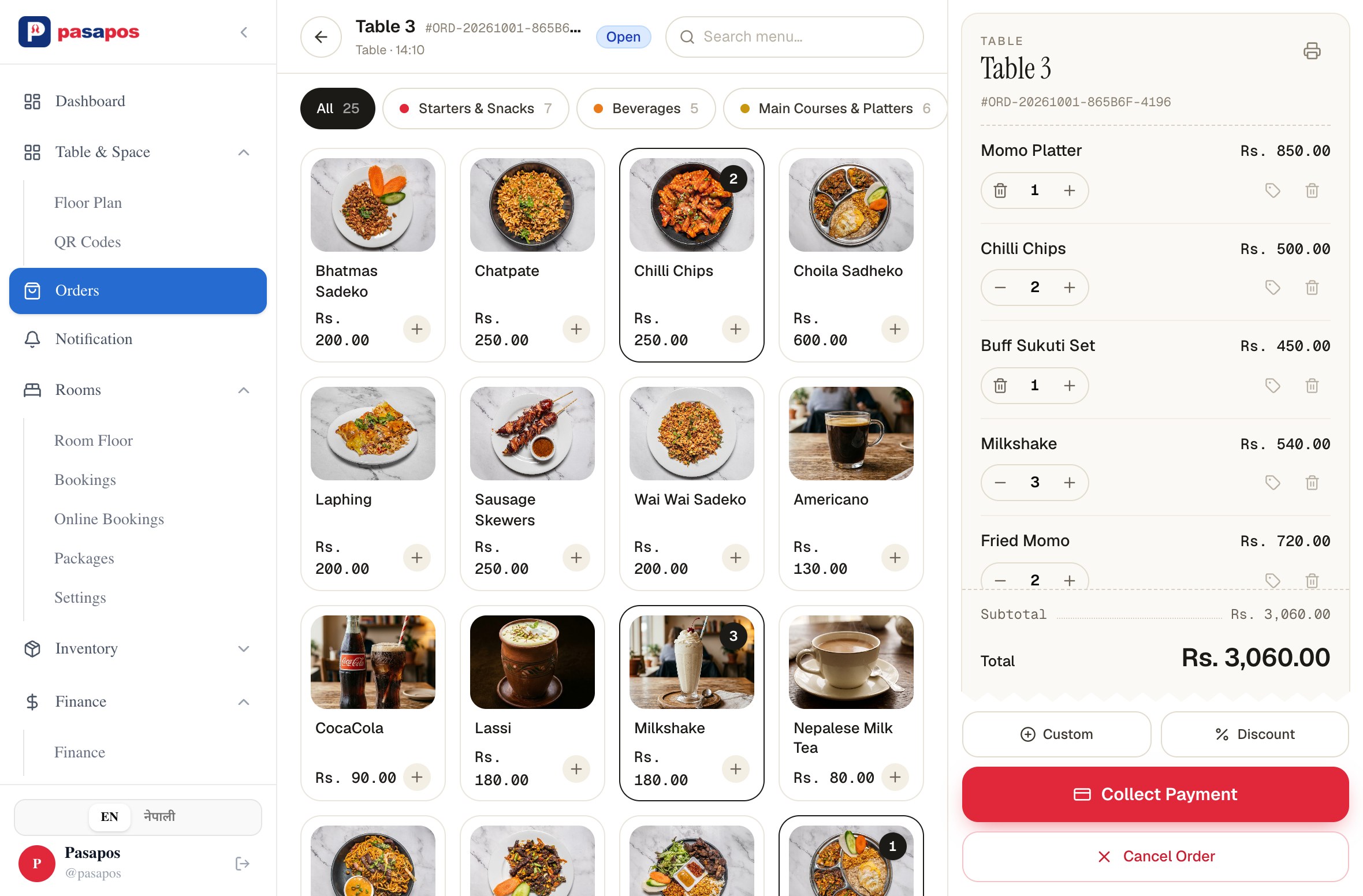 Order screen with menu grid and bill