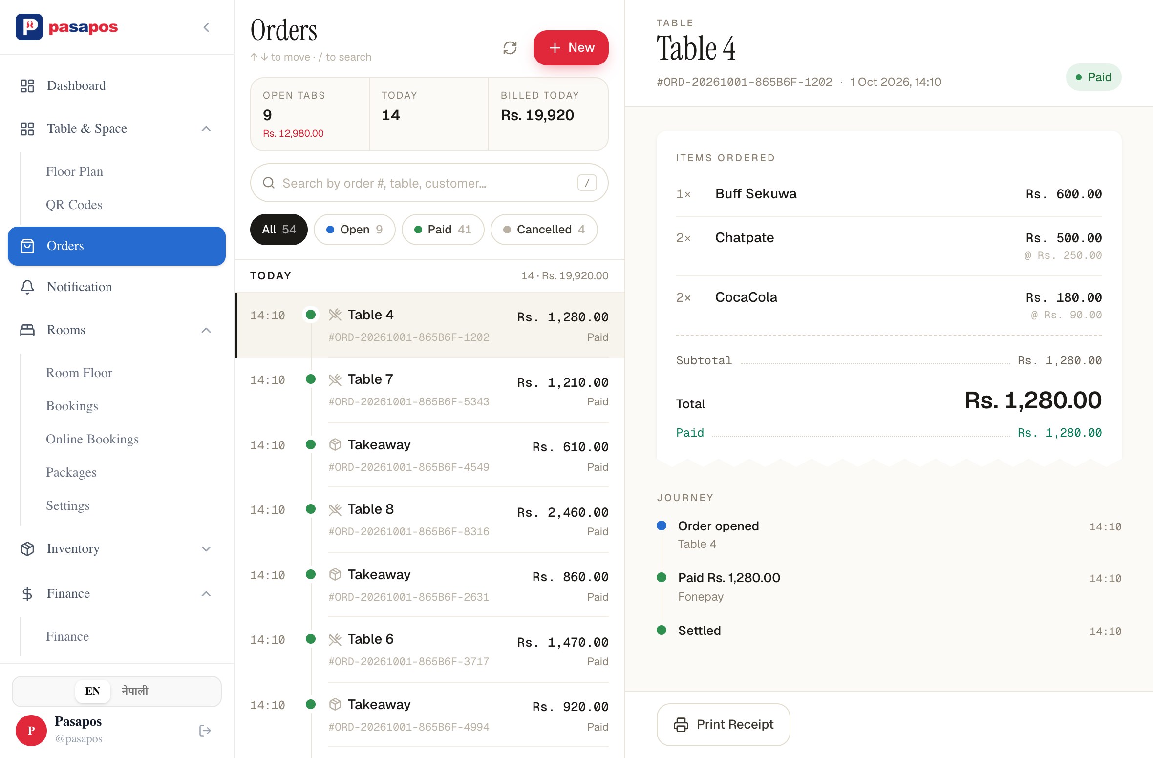 Orders list with a paid takeaway bill