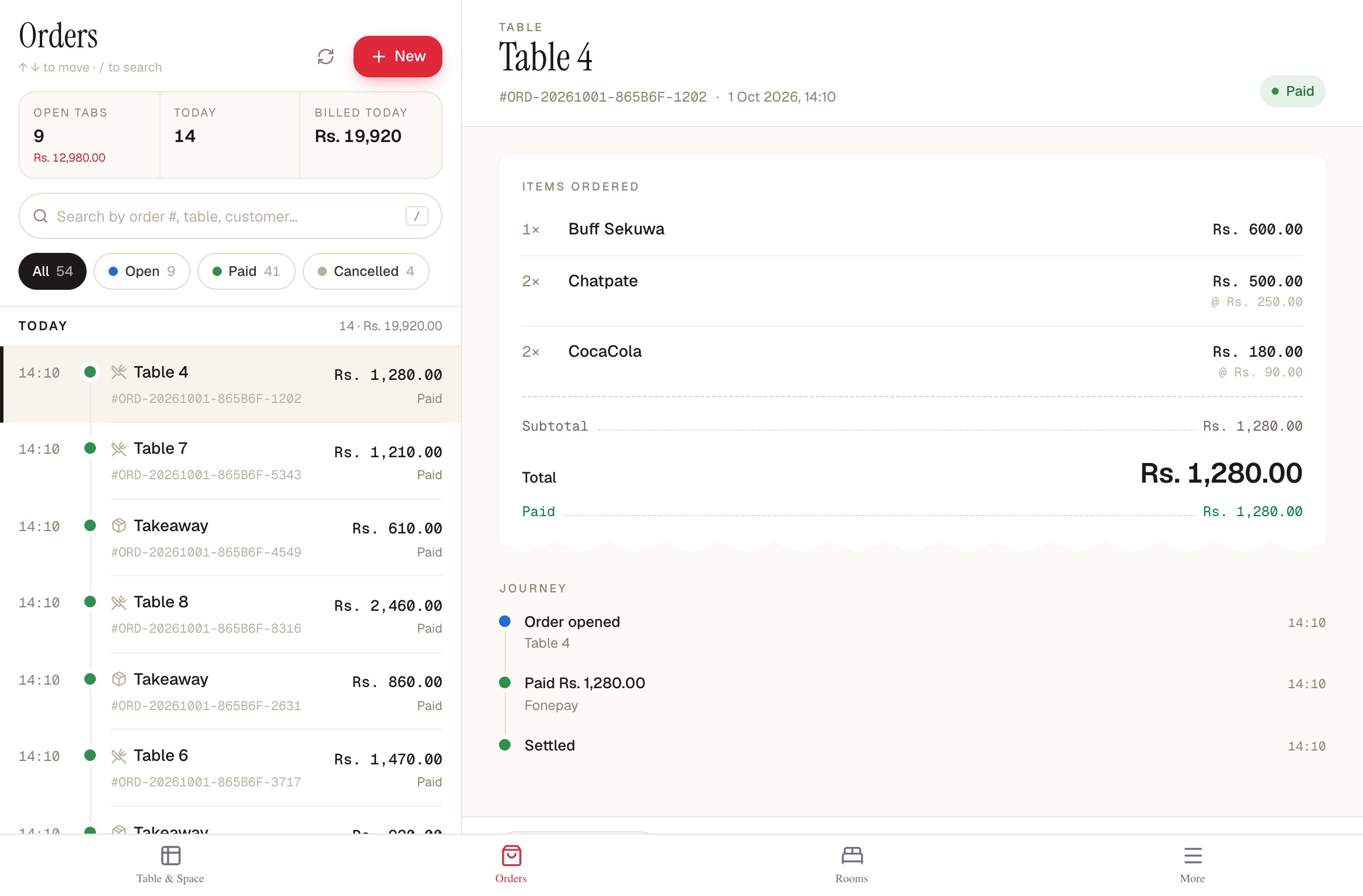 Today's orders with a paid bill open on a tablet